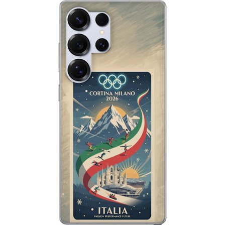 Kompatibelt Mobildeksel til Samsung Galaxy S25 Ultra Skiskytterillustrasjon med skiløper som sikter med gevær på en snødekt løype, teksten Milano Cort