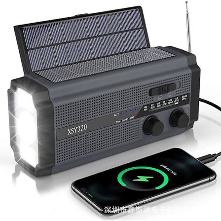 Bärbar Handvev Solradio Utomhus LED Ficklampa AM/FM Radio 5000mAh Batteri /grå