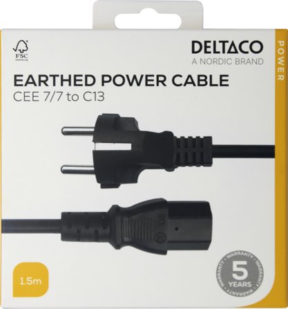 Deltaco Power cord CEE 7/7 - C13, 1,5m, black