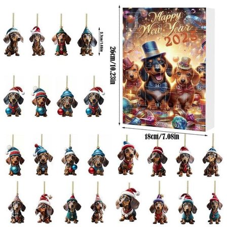 24 päivän joulun odotus -yllätyslaatikko, mäyräkoira-lemmikkiriipus, joulukuusen koriste