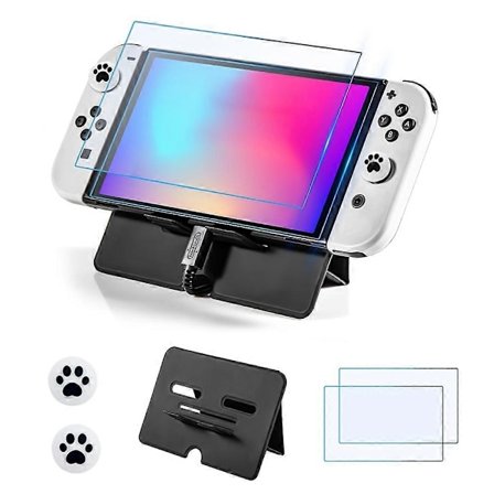 DEVASO Ställhållare för Nintendo Switch/Switch OLED + 2 st Härdat Glas Skärmskydd