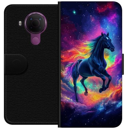 Kompatibelt Plånboksfodral till Nokia Nokia 5.4 Färgstark galaxhäst med regnbågsmane i rymdmiljö, magisk fantasyillustration för barnrum, poster