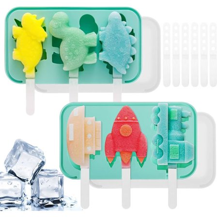 2 stk. silikoneforme til ispinde, genanvendelige, BPA-fri, ispindeforme med drypfri låg og 12 pinde, (dyr+hav, land og luft-mønstre)
