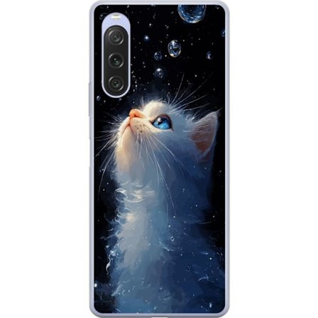Sony Xperia 10 V Gennemsigtig cover Starry Cat Dream motiv med hvid kat, der stirrer mod den stjernede himmel, magisk drømmende og natligt tema