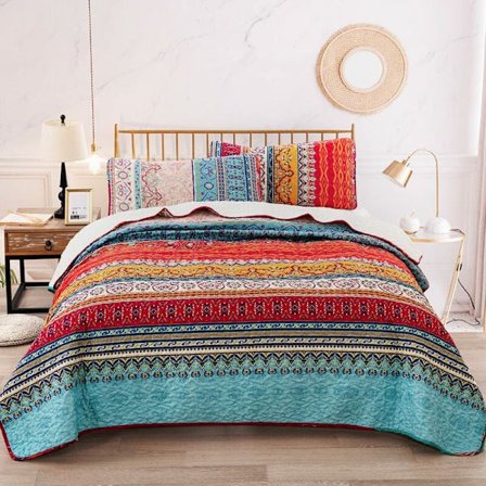 Bohemian Quilted Sengeteppe Dobbel 3 Deler Patchwork Sengeteppe Reversible Dyne Mykt Mikrofiber Sengetøy 220 240 cm