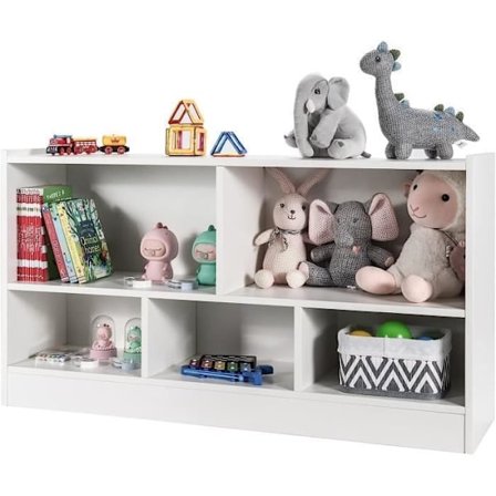 COSTWAY børne reol 111x30x61,5 CM med 5 rum og skridsikre puder, til legetøj, bøger, dukker, hvid