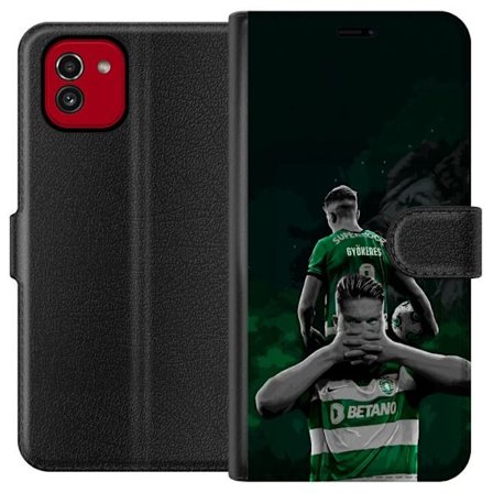 Kompatibelt Lommeboketui til Samsung Galaxy A03 Neonmotiv med teksten "Gaming is in my DNA" på en blå og rød murvegg med en lysende DNA-spiral.