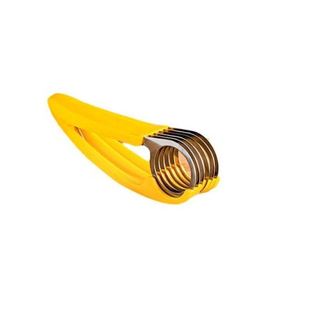 Banaaniviipaleleikkuri - ABS, teräsrenkaat, saksityylinen leikkuri, hedelmät, vihannekset, makkara, mansikat, kurkku, paprika, keltainen