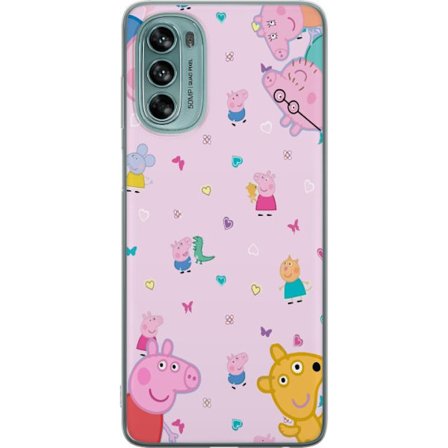 Kompatibelt Mobildeksel til Motorola Moto G62 5G Peppa Gris med en baby i armene, mamma gris motiv i fargerik og myk barneillustrasjon med hjerter