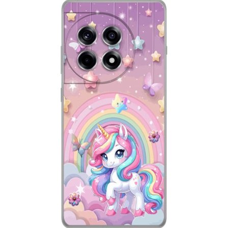 Kompatibel Mobilcover til OnePlus 12R Magisk enhjørning med regnbue manke, stjerner og sommerfugle mod en pastelfarvet himmel med skyer