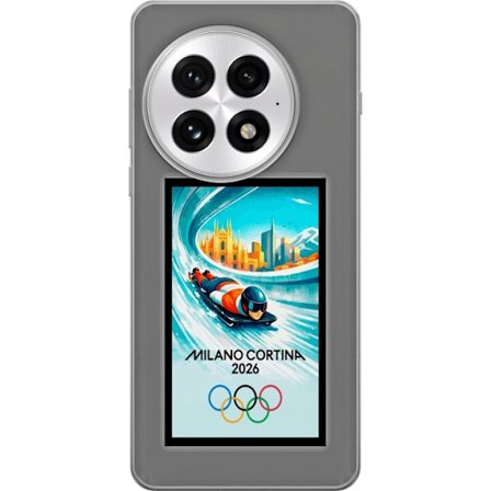 Yhteensopiva Puhelinkuori OnePlus 13 Dynaaminen kelkkailija tai skeleton-ajaja jääkanavalla Milanon Cortina 2026 kanssa, kaupunkinäkymä ja olympialais