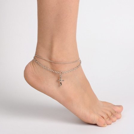 Handgjort Silverpläterad Dubbel Vristlänk med hängande Kors berlock