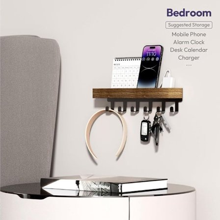 Nøgleholder med Hylde - Industrielt Nøglepanel til Entré & Køkken - Selvklæbende eller Skruer - Postbakke & Organizer - Træ & Metal Sort - 6 Kroge