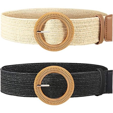 2 flettede elastiske stråbælter med spænde i træ-stil