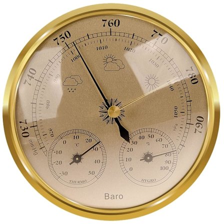 Analog værstasjon - barometer, termometer, hygrometer (gull, 128 mm)