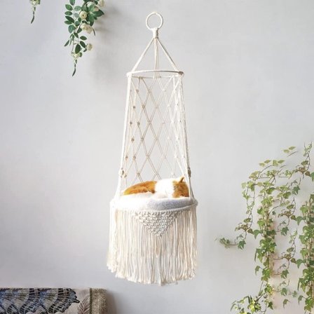 ING Riippuva makramee-kissariippumatto, boheemi seinään kiinnitettävä kissariippumatto sisä-/ulkokäyttöön, keinuva sänky kissoille 5 kg asti