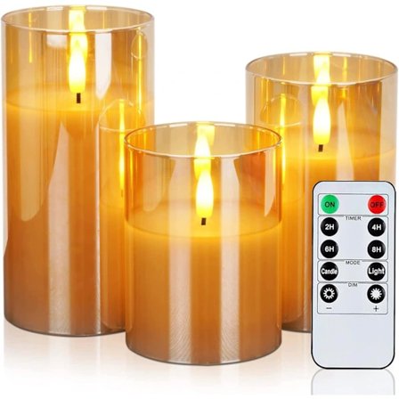 /EA/Guld Glas Flamlösa Ljus Batteridrivna Med Timer, Fjärrkontroll, LED-Stearinljus Batteridrivna, Vax, Set Om 3