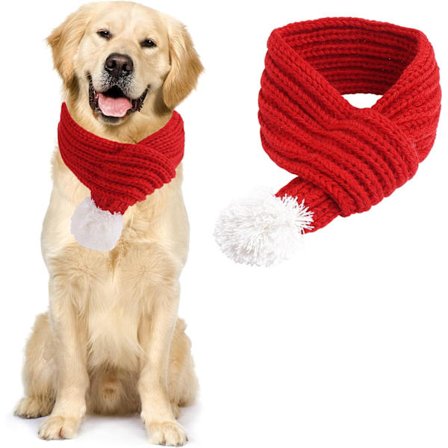 Julehalsduk til hund og katt, strikket vinterhalsduk til hund, vinterhalsvarmer til kjæledyr med hvit dusk, juledekorasjonsgave rød (Large)