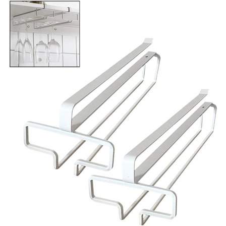 Hængende vinglasholder i metal, vinglasstativ til montering under skab, kan rumme op til 4 glas, 2 stk., hvid
