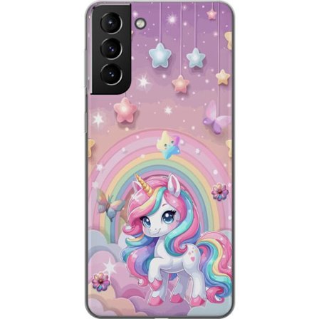 Kompatibelt Mobildeksel til Samsung Galaxy S21+ 5G Magisk enhjørning med regnbue manke, stjerner og sommerfugler mot en pastellhimmel med skyer