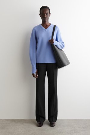 COS Women's Jersey De Cuello De Pico De Lana Merino in Azul