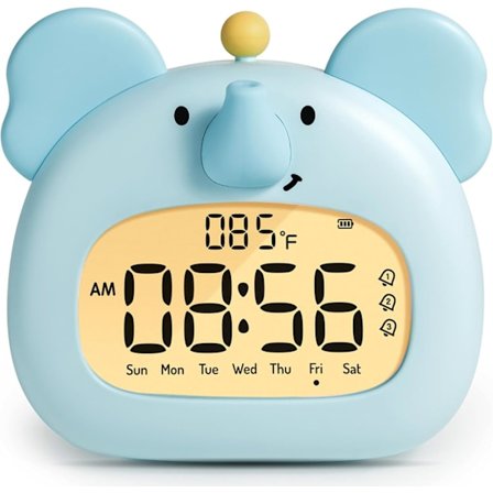 Elefant vækkeur til børneværelset, blå elefantdyrur med natlys, dæmpbar, drenge vækkeur gave