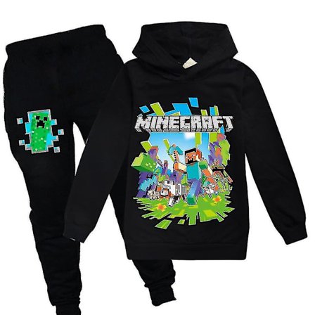 Barne Minecraft-spill hettegenser treningsoverall Unisex Sport Hoodie Buksesett S Sort T