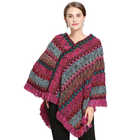 Färgglada Ränder Poncho Fransad Fåll Virkad Cape Med Tofs Pullover Wrap För Lady