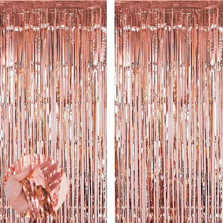 2 kpl verhon koristeet, ruusukullan väriset tinsel-foliohapsut verhot, taustakangas syntymäpäiville, valmistujaisiin, häihin, kihlajaisiin, 