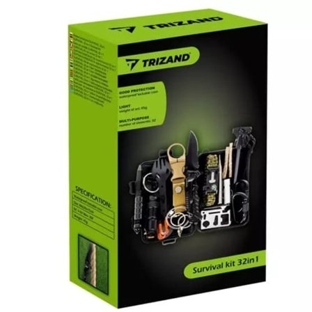 Overlevelseskit 32 deler - Kompass, tennstål, kniv, lampe m.m.—pa