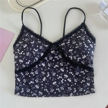 V-ringad Toppar Blommig Camisole SVART