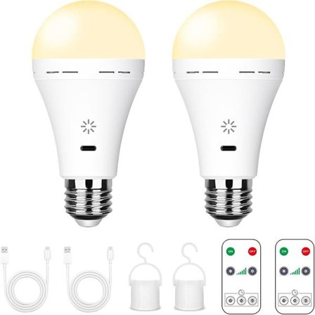 Uppladdningsbara LED-lampor - 7W E27 med fjärrkontroll & Touch-dimmer | Nödljus för Camping (Varmvit) 2-pack-FD-