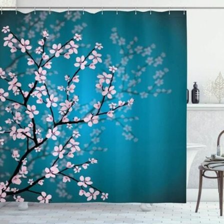 Japansk Bruseforhæng, Sakura Blomstermønster, Tekstil Badeværelses Dekorationssæt med Kroge, 180cm x 200cm, Petrol Lyseblå Nål