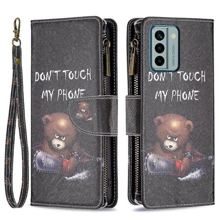 Läderfodral med blixtlåsficka, mönstertryck, plånboksfunktion, stativfunktion för Nokia G22 Bf03 Bear