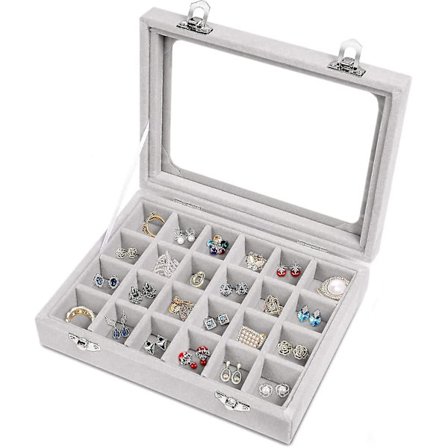 Smykkeæske med 24 rum, fløjlsbeklædt smykkebakke, skuffe, glaslåg, udstillingskasse, opbevaring (grå)