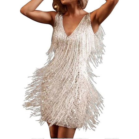 Cocktailkjoler til kvinder Sexet dyb V-hals Allover Frynser Spaghetti Stropper Kjole Pailletter Fjer Prom Festkjole