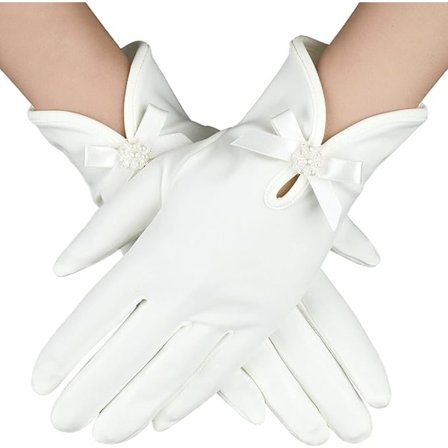Satinhandskar för kvinnor, vita bröllopshandskar för bruden med rosett vid handleden, vintageklänningshandskar, bal, te-party, kostymtillbehör