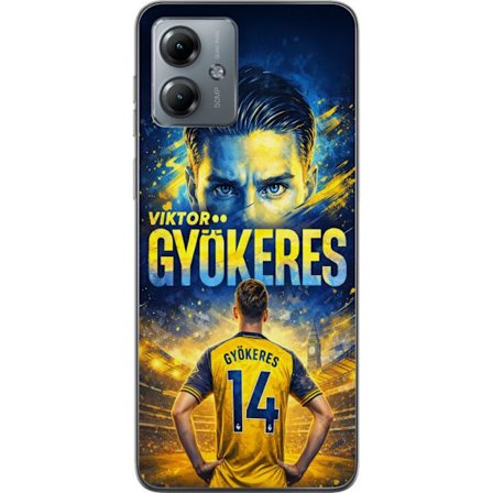 Kompatibelt Mobildeksel til Motorola Motorola Moto G14 Viktor Gyökeres fotballplakat i gult og blått med dramatisk stadionbakgrunn, sportillustrasjo