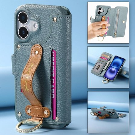 Etui til iPhone 15 Pro Max blåt armbånd fuld lynlås læder ring kortpung