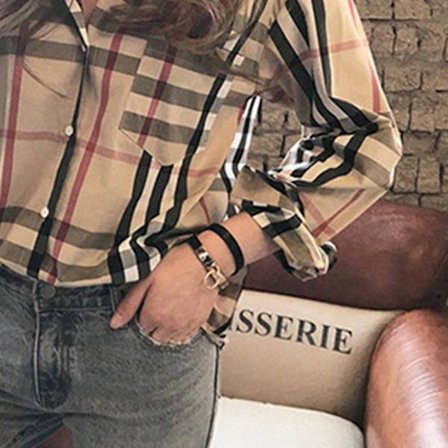 Rutete skjorte dame Klassisk langermet krage bluse knapp med mansjett vår høst Casual topper for jenter Khaki