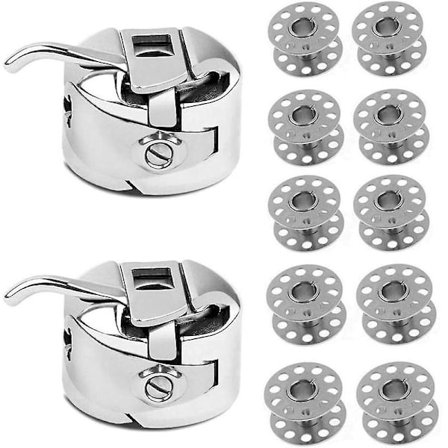Sett med 10 metall symaskin spoler + 2 spolerom for Toyota, Brother Janome, Elna, Bernina, Singer maskiner