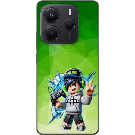 Kompatibelt Mobildeksel til Xiaomi Redmi Note 14 5G Roblox-inspirert gamerfigur med headset, håndkontroll og energiske effekter mot grønn bakgrunn
