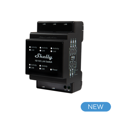 Shelly DIN-skinne switch med 5xRJ45 porte