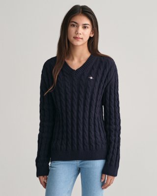 GANT - Kabelstrikket v-hals genser til ungdom evening blue
