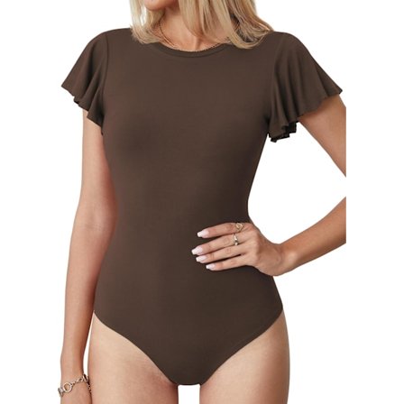 LASI Dam Crew Neck Bodysuit Volang Korta Ärmar Slim Fit Casual Basic Stretchig Body Daily Jumpsuit T-shirts 03 Kaffe 3X-Large