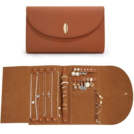 Rejse Smykkearrangør Etui Læder Smykkerulle Rejse Opbevaringspose til Øreringe, Ringe, Halskæder, Armbånd (Brun)