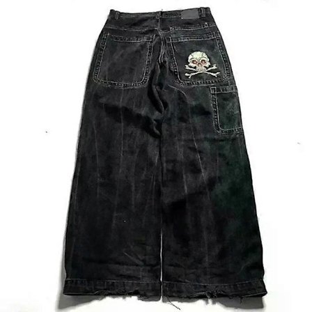 Retro gotiske jeans med høy midje for menn og kvinner Y2k Baggy Svarte Harajuku Hip Hop-mønstre Broderte blå denim bukser Jeans med vide ben