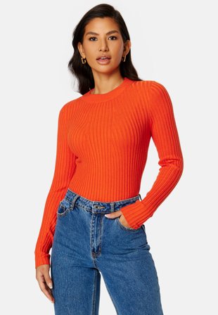 Pieces Crista LS O-Neck Knit Tangerine Tango Klær