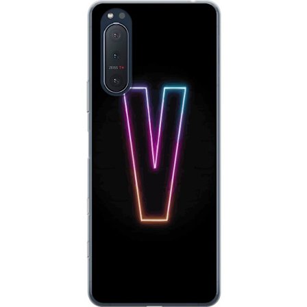 Yhteensopiva Puhelinkuori Sony Sony Xperia 5 II Neonkirjain V värikoodattu valossa mustaa taustaa vasten, minimalistinen muotoilu selkeällä hehkull