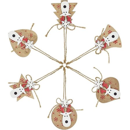 6 st träjulgranshängen i trä, julgransprydnader i trä, granträ, träupphängning, kompatibel med julgranshängande prydnader D